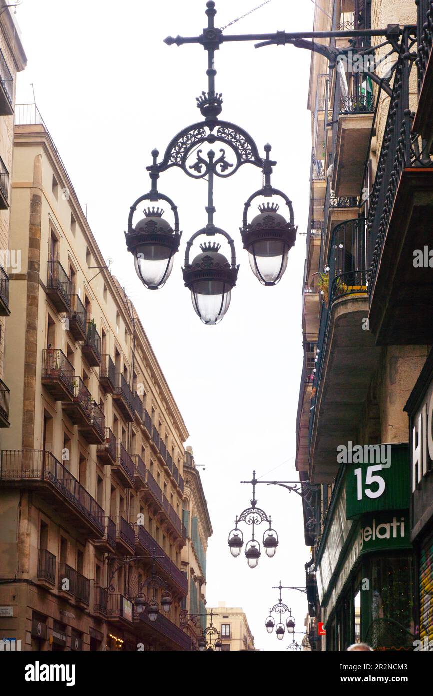 Victorian cast iron street-light fixtures, common on Barcelona's larger thoroughfares. Stock Photo