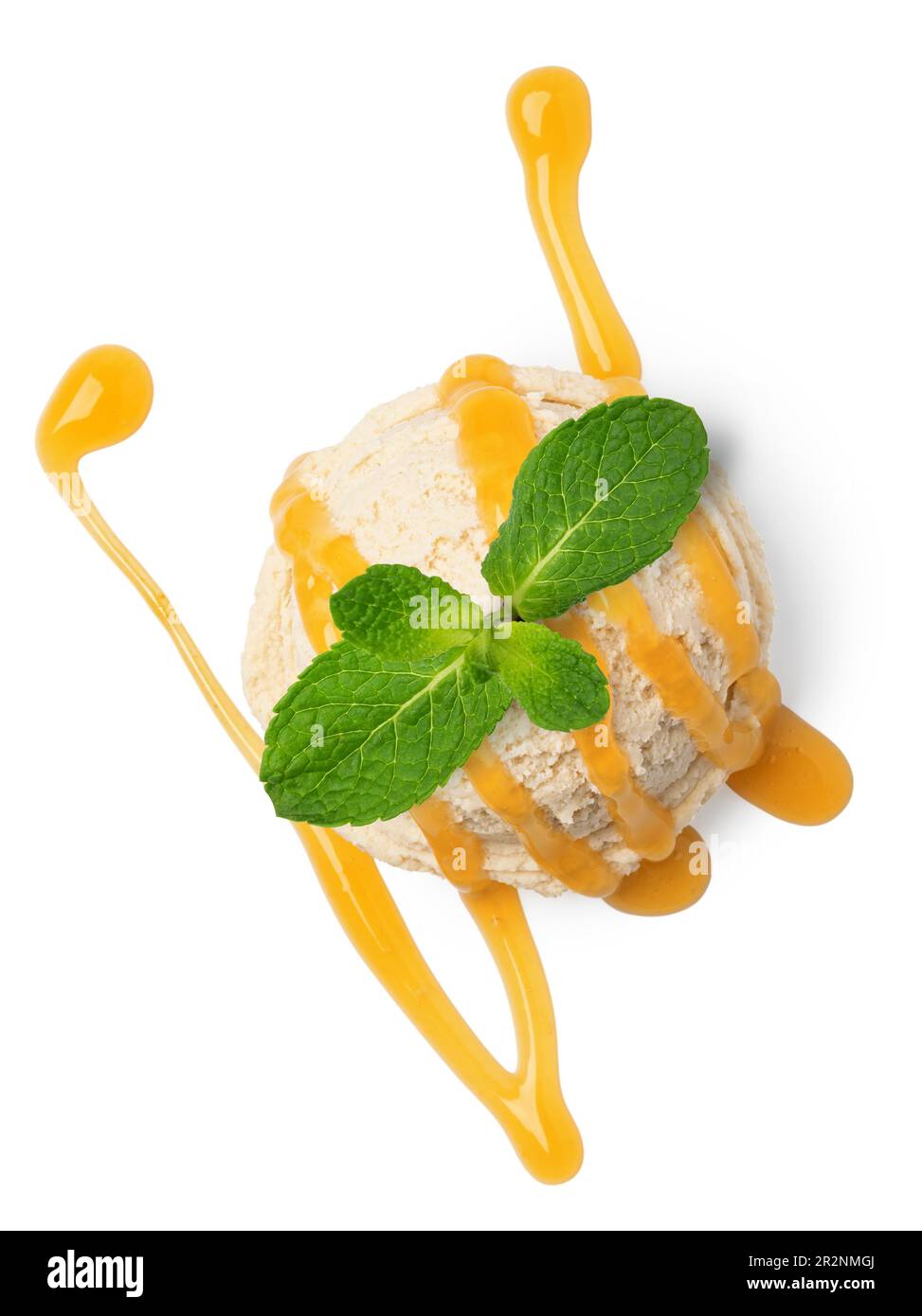 Vanilla ice cream scoop with caramel sauce isolated on white background ...
