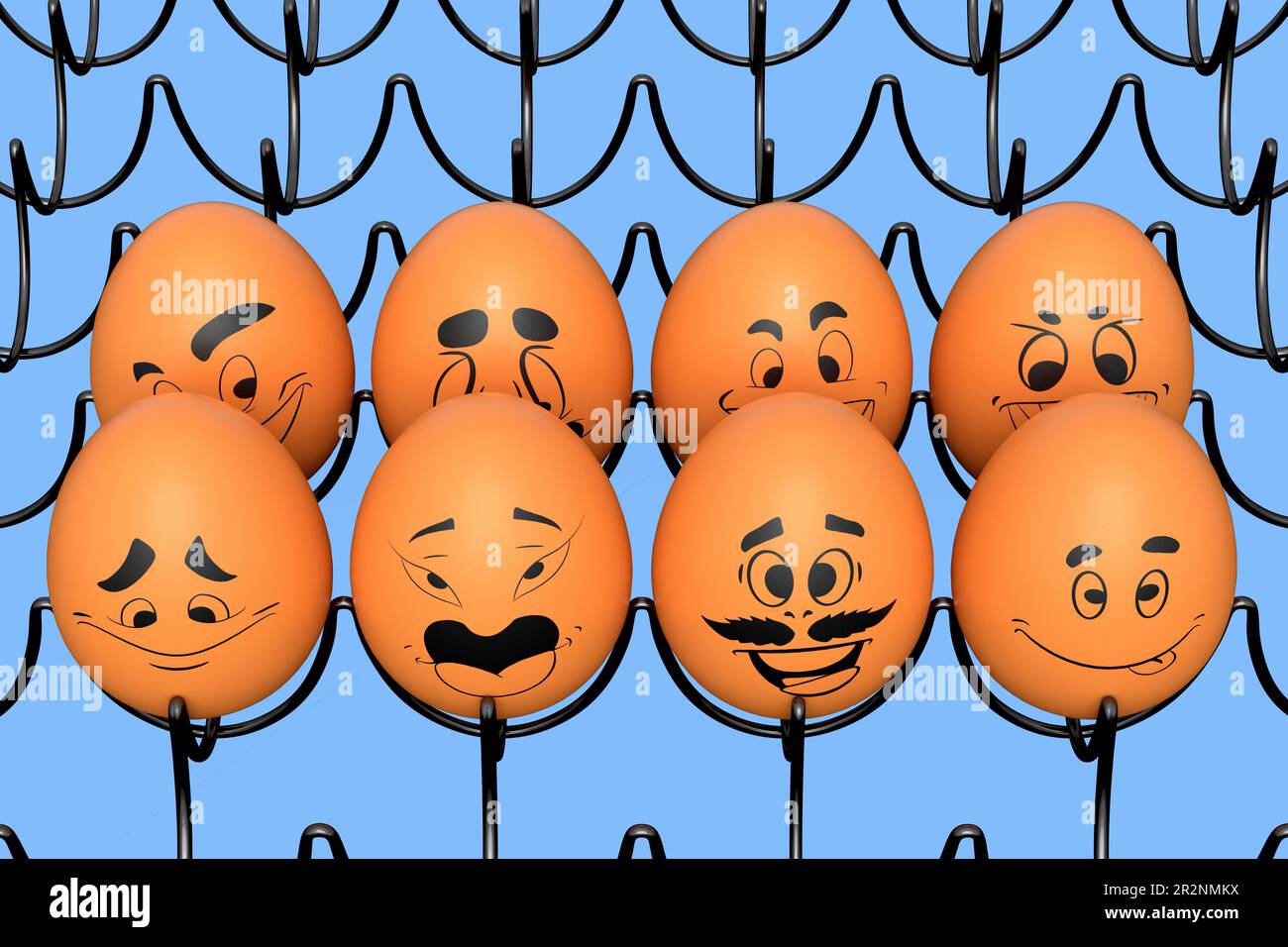 Farm brown painted egg with expressions and funny face in metal wire tray on blue background. 3d render of Easter eggs template design for greeting an Stock Photo