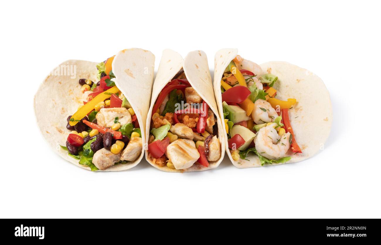 burrito with vegetables and tortilla, isolated on white Stock Photo