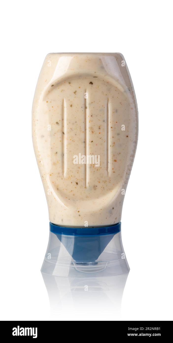 Garlic sauce in a plastic bottle on white background Stock Photo Alamy