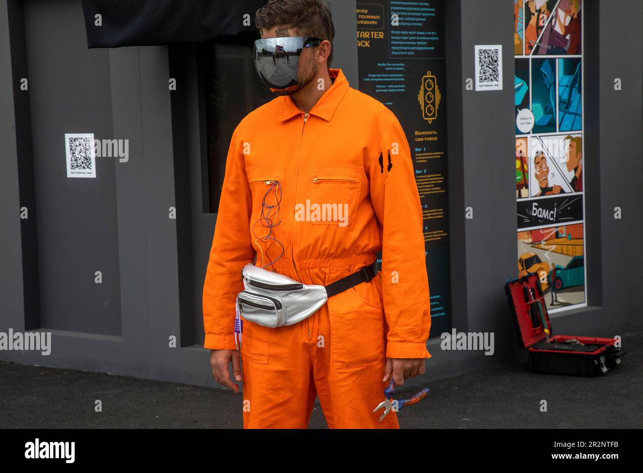 Moscow, Russia. 20th of May, 2023. A man in a image of a sfuturistic technician is seen in Gorky Park during  the Positive Hack Days cyber festival in Moscow, Russia Stock Photo