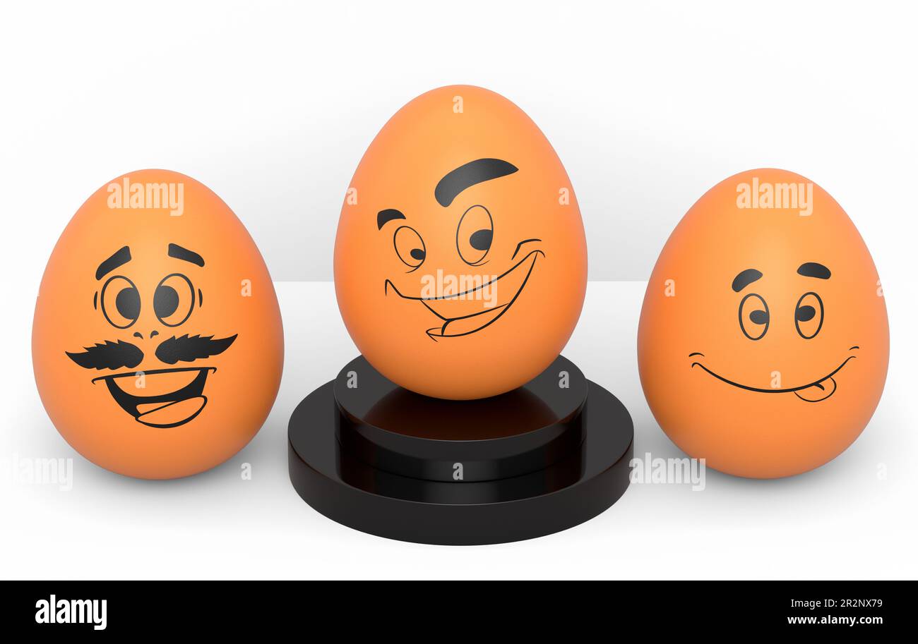 Farm brown chicken egg with expressions and funny face on podium and crowd of eggs standing in line on white background. 3d render concept of minimal Stock Photo