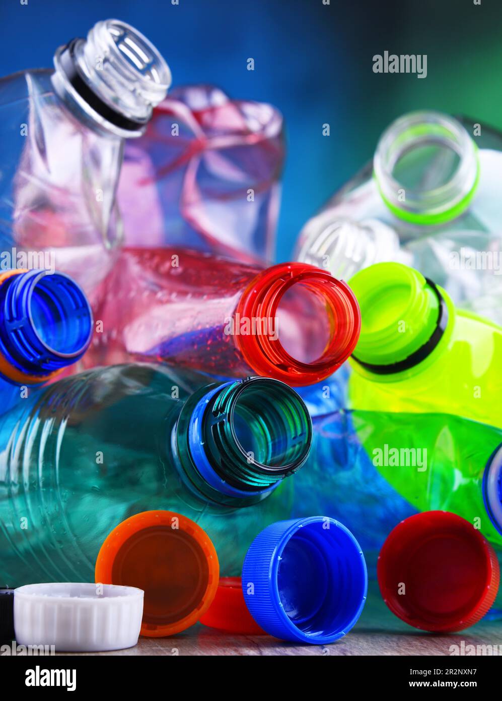 Empty colored carbonated drink bottles. Plastic waste Stock Photo
