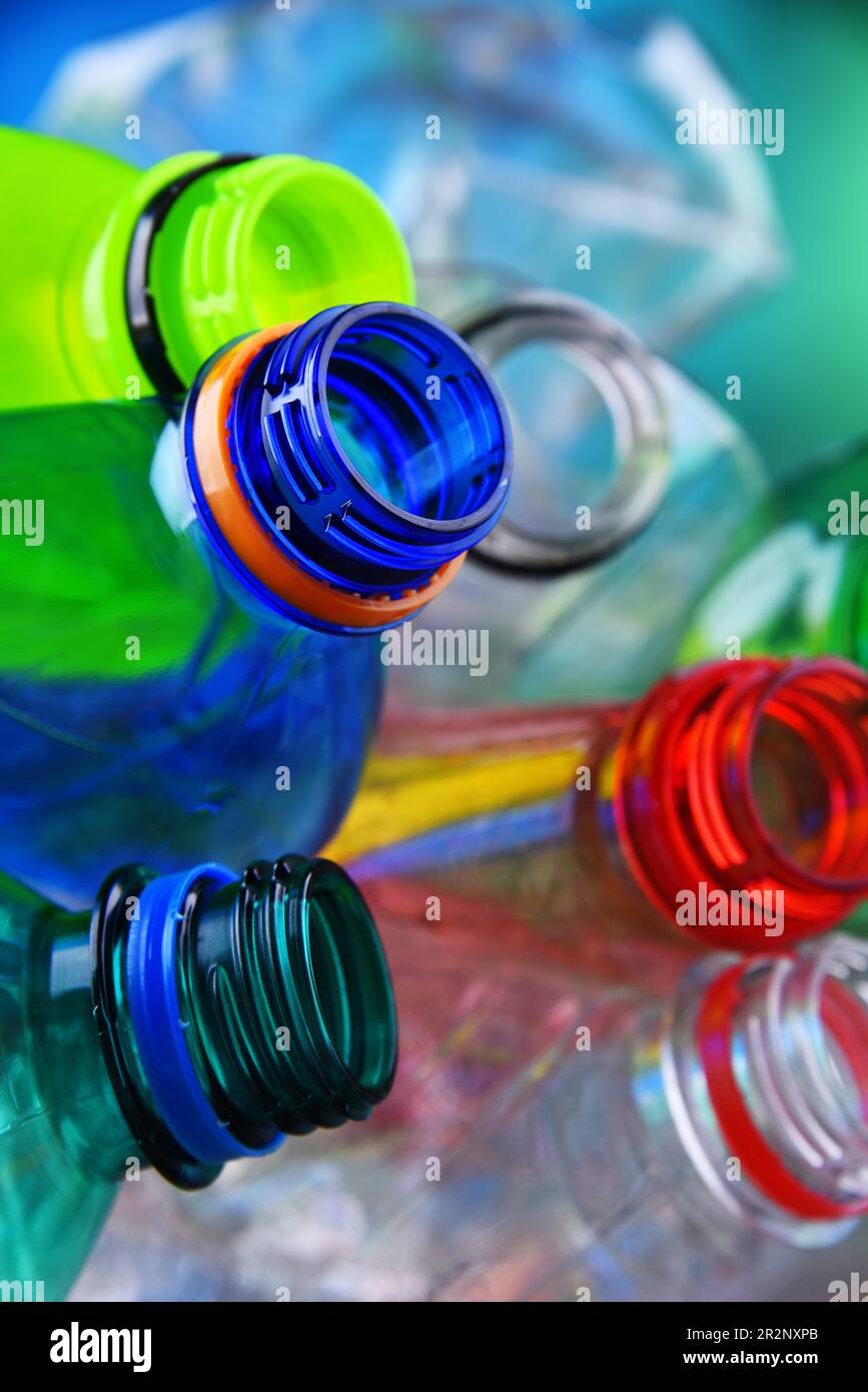 Empty colored carbonated drink bottles. Plastic waste Stock Photo