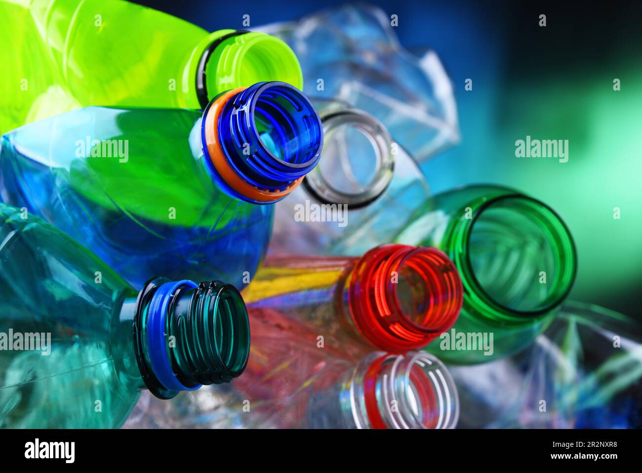 Empty colored carbonated drink bottles. Plastic waste Stock Photo