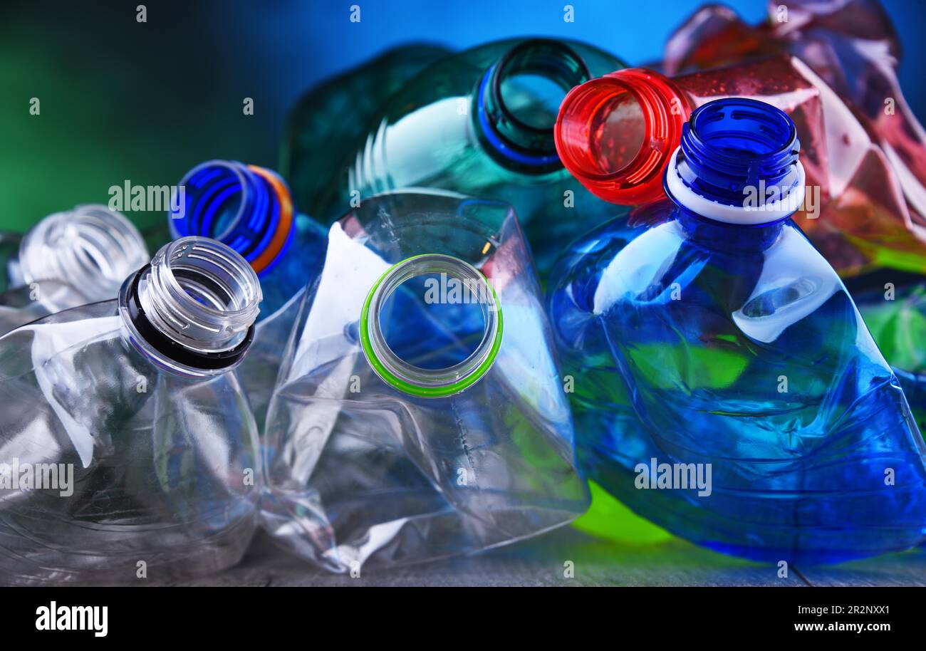 Empty colored carbonated drink bottles. Plastic waste Stock Photo
