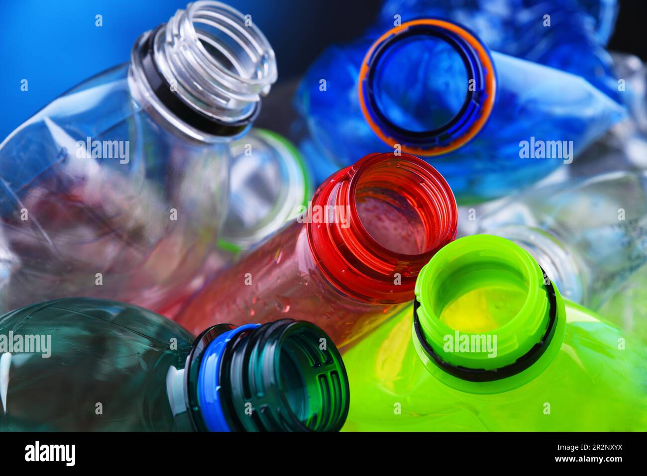 Empty colored carbonated drink bottles. Plastic waste Stock Photo