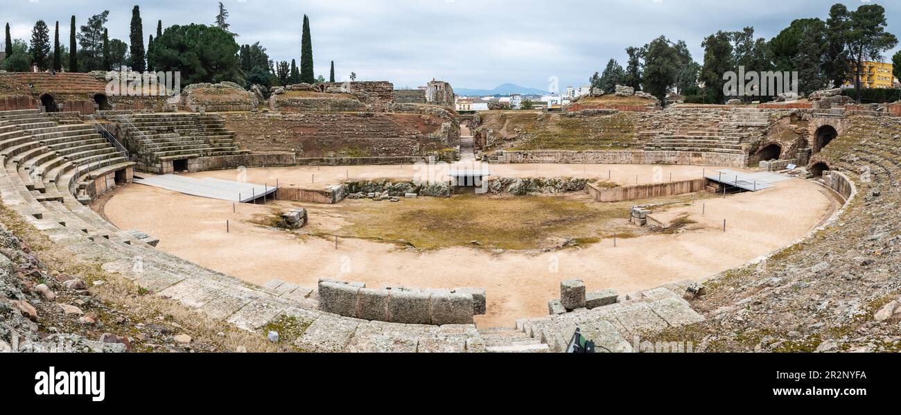 Wide-angle view of the Roman amphitheatre of Merida in Extremadura ...