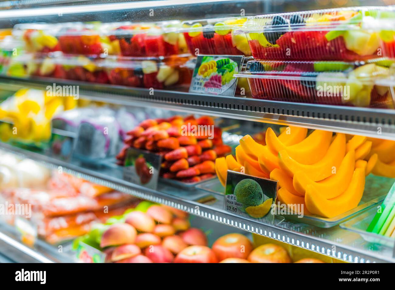 SINGAPORE MAR 3, 2020 Packages with fresh fruits displayed in a