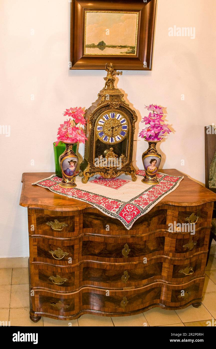 Chest of drawers with 4 drawers, sideboard, with inlays, grandfather clock with inlays, 2 old