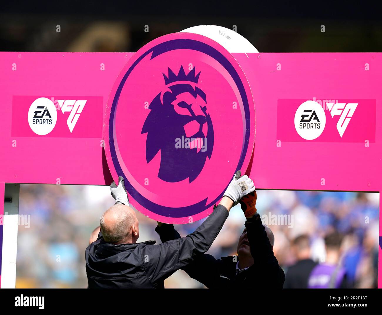 Wolverhampton, UK. 20th May, 2023. Staff fit the Premier League logo to a stand during the Premier League match at Molineux, Wolverhampton. Picture credit should read: Andrew Yates/Sportimage Credit: Sportimage Ltd/Alamy Live News Stock Photo