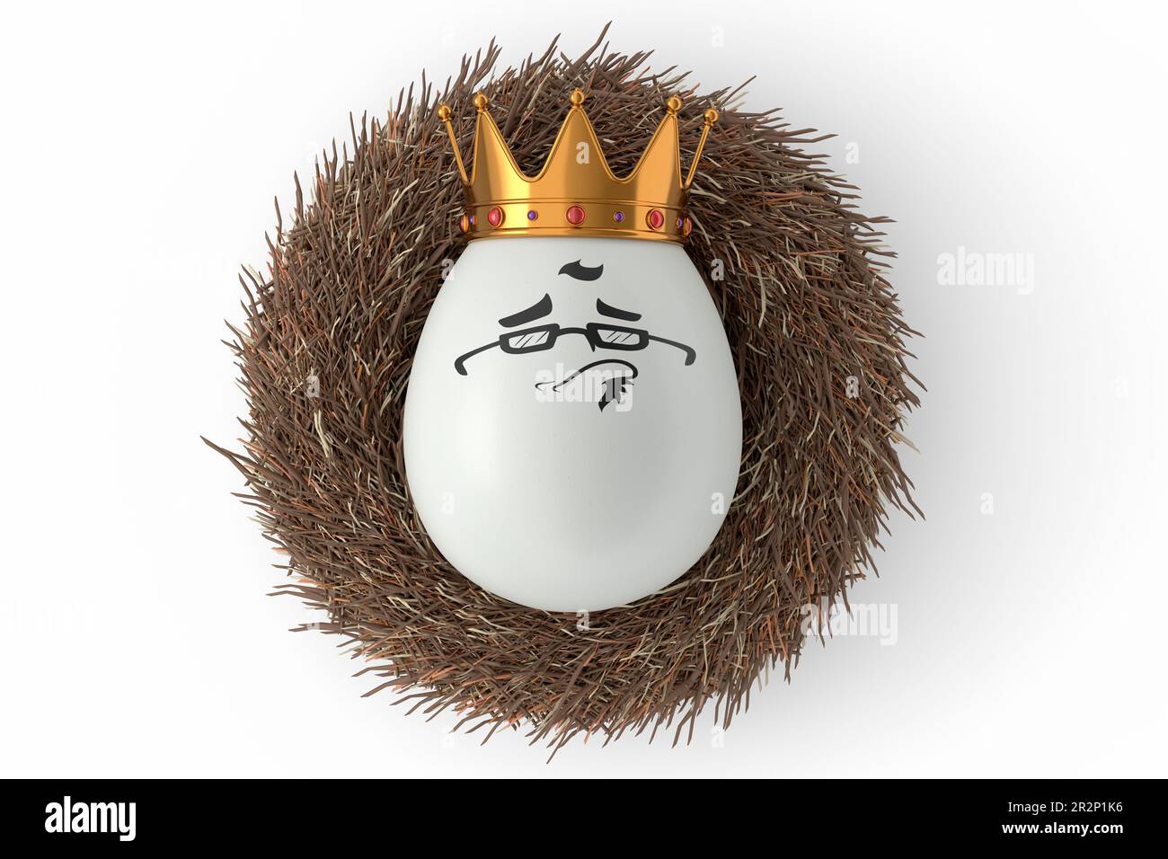 Farm white egg with gold royal king crown and funny face in bird nest Stock Photo