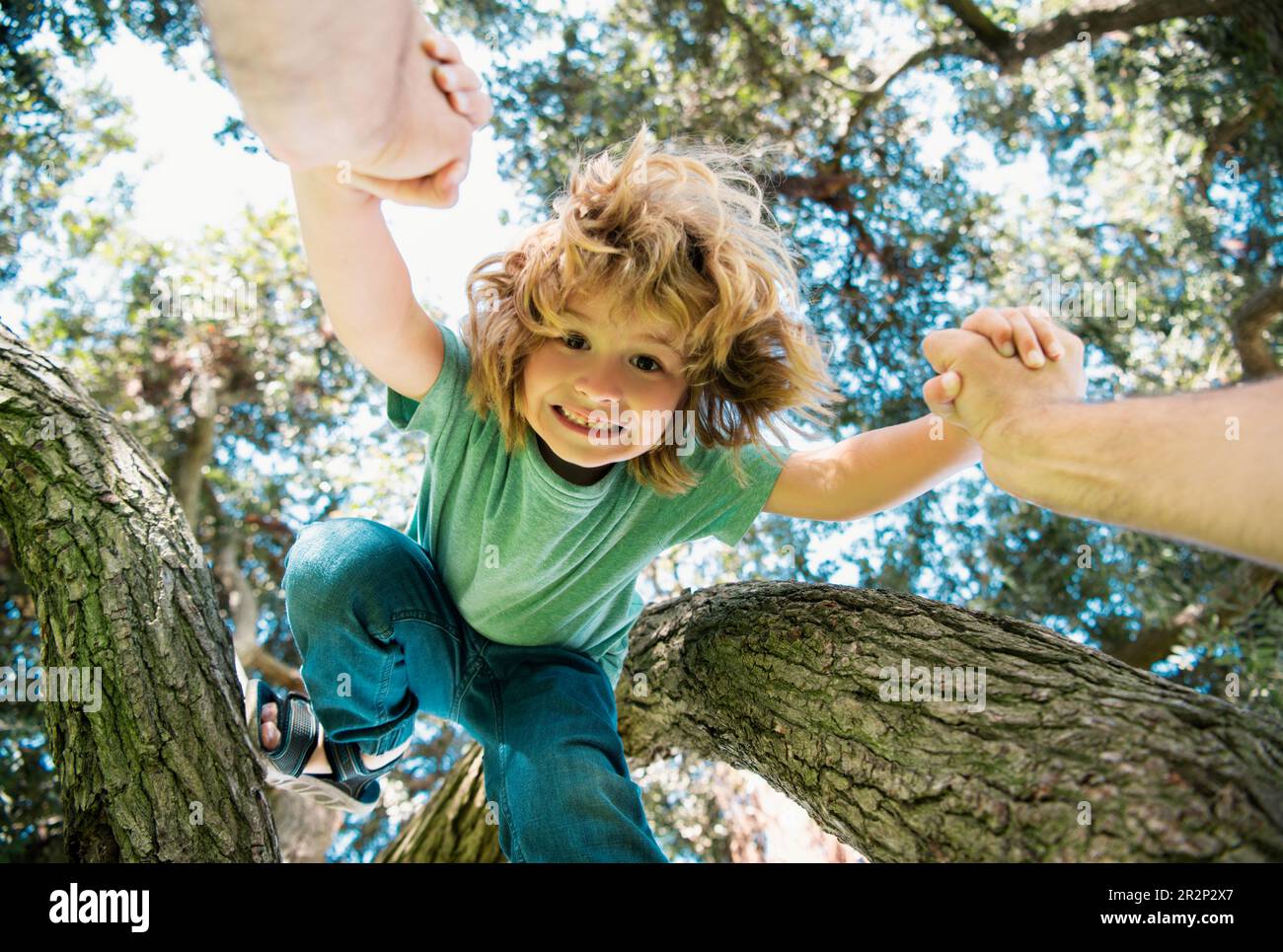 Father helping son. Fathers hand and helping son to climb tree. Child protection. Stock Photo