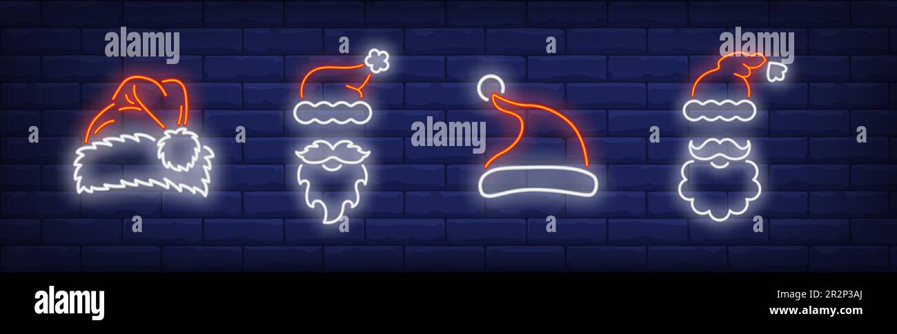 Santa hats and beards neon signs set Stock Vector