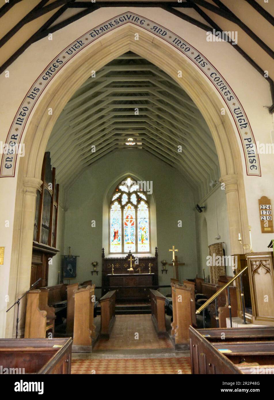 Chancel arch, sanctuary, altar and organ of St Michael & All Angels Church, Clyro, Radnorshire, Powys, Wales, UK Stock Photo