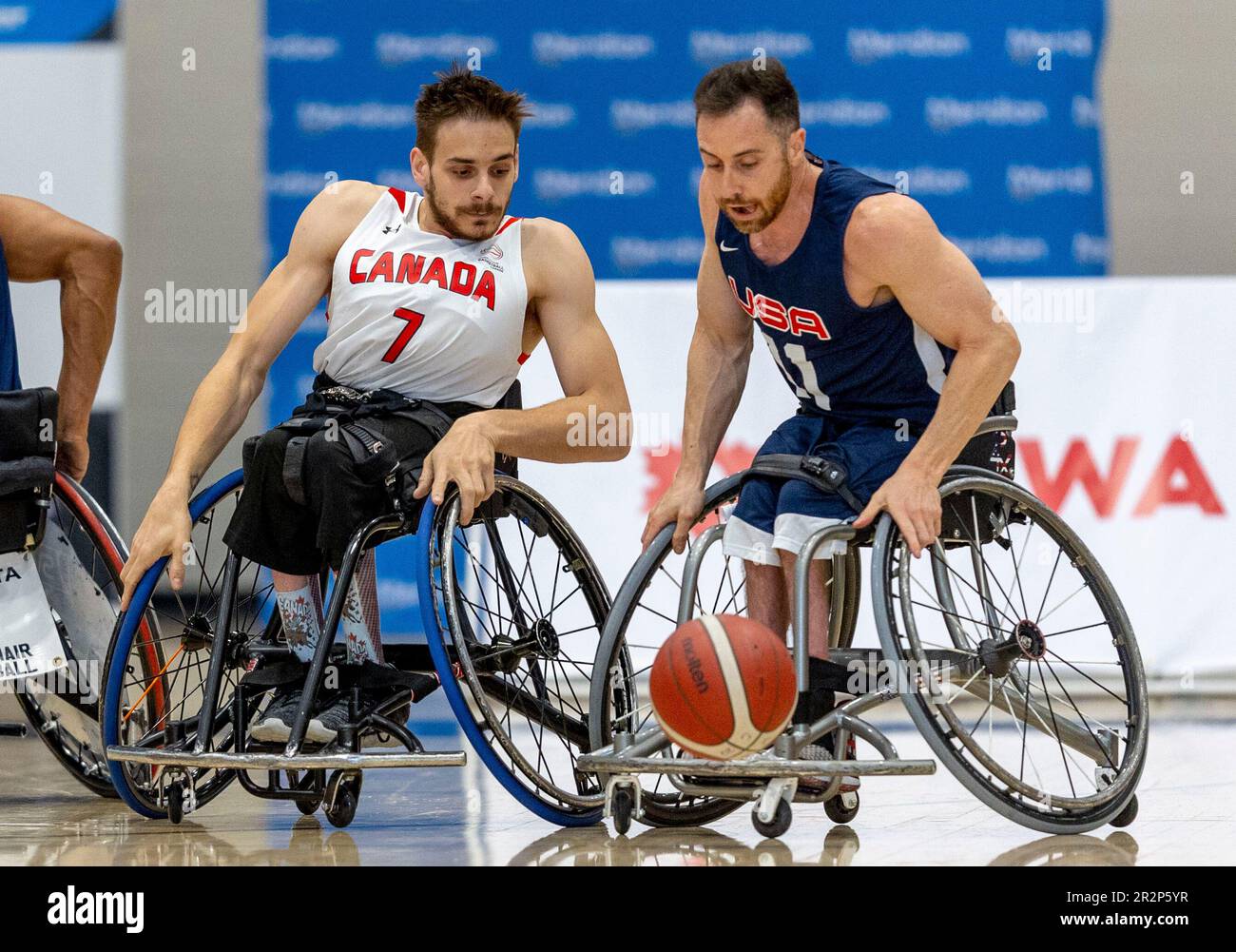 Ottawa, Canada. 20 May 2023. Vincent Dallaire (7) of Team Canada and Steve Serio (11) of Team USA in a Canada v USA international Wheelchair Basketball Game at the 2023 Ottawa Invitational, held at Carleton University. Copyright 2023 Sean Burges / Mundo Sport Images Credit: Sean Burges/Alamy Live News Stock Photo
