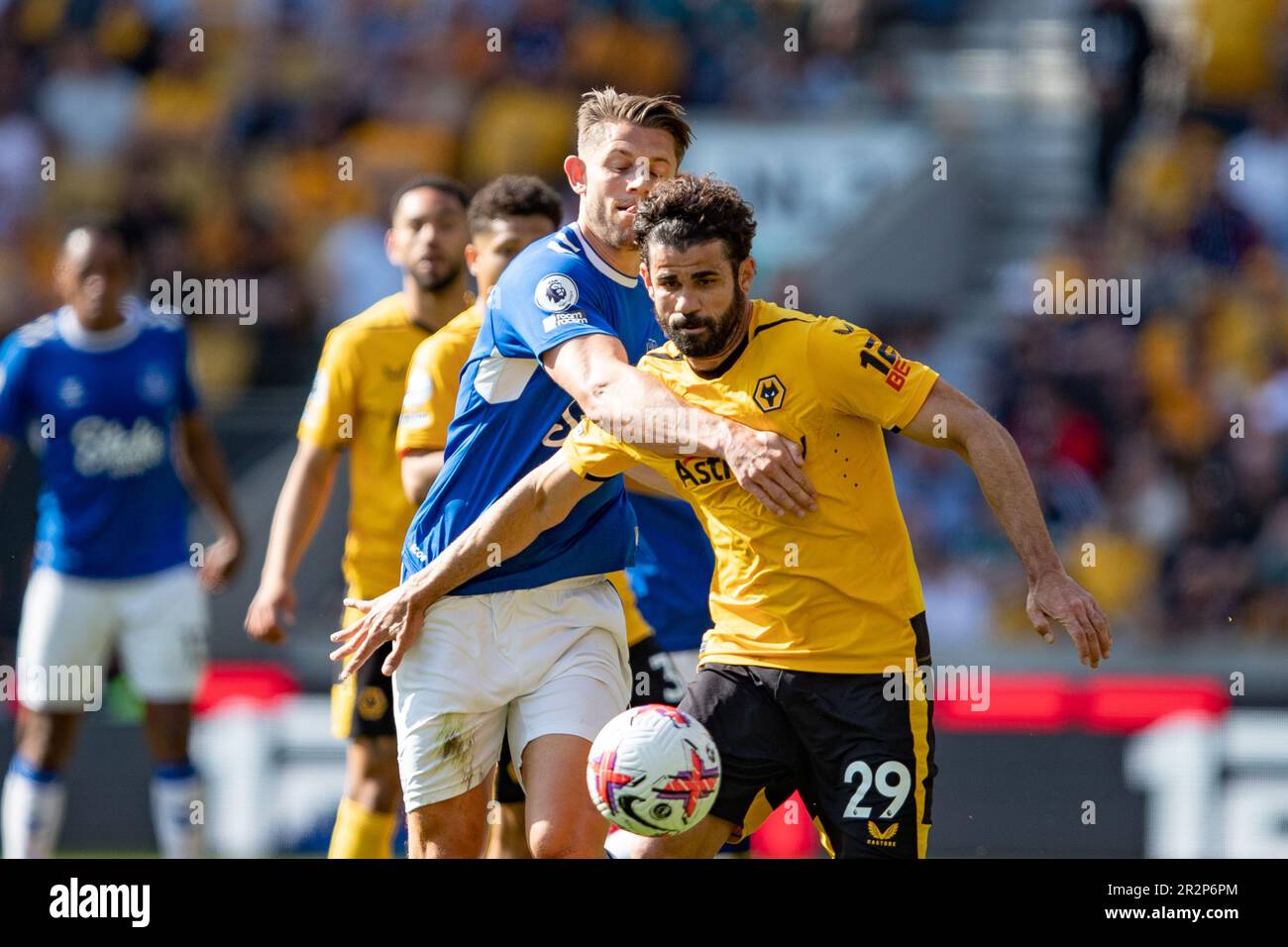 Diego Costa of Wolves and James Tarkowski of Everton during the Premier League match between Wolverhampton Wanderers and Everton at Molineux, Wolverhampton on Saturday 20th May 2023. (Photo: Gustavo Pantano | MI News) Credit: MI News & Sport /Alamy Live News Stock Photo