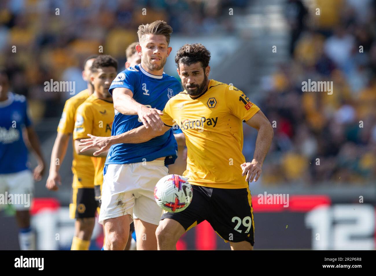 Diego Costa of Wolves and James Tarkowski of Everton during the Premier League match between Wolverhampton Wanderers and Everton at Molineux, Wolverhampton on Saturday 20th May 2023. (Photo: Gustavo Pantano | MI News) Credit: MI News & Sport /Alamy Live News Stock Photo