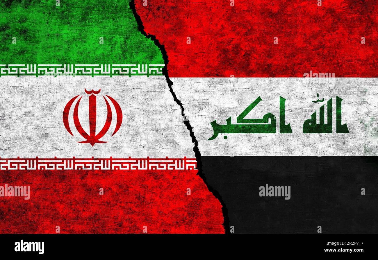 Iran and Iraq flag on wall with crack. Iran and Iraq relations. Iran vs