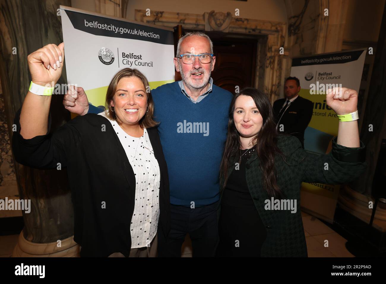 John Gormley from sinn fein (centre) at Belfast City Hall during the Northern Ireland council elections. Picture date: Saturday May 20, 2023. Stock Photo