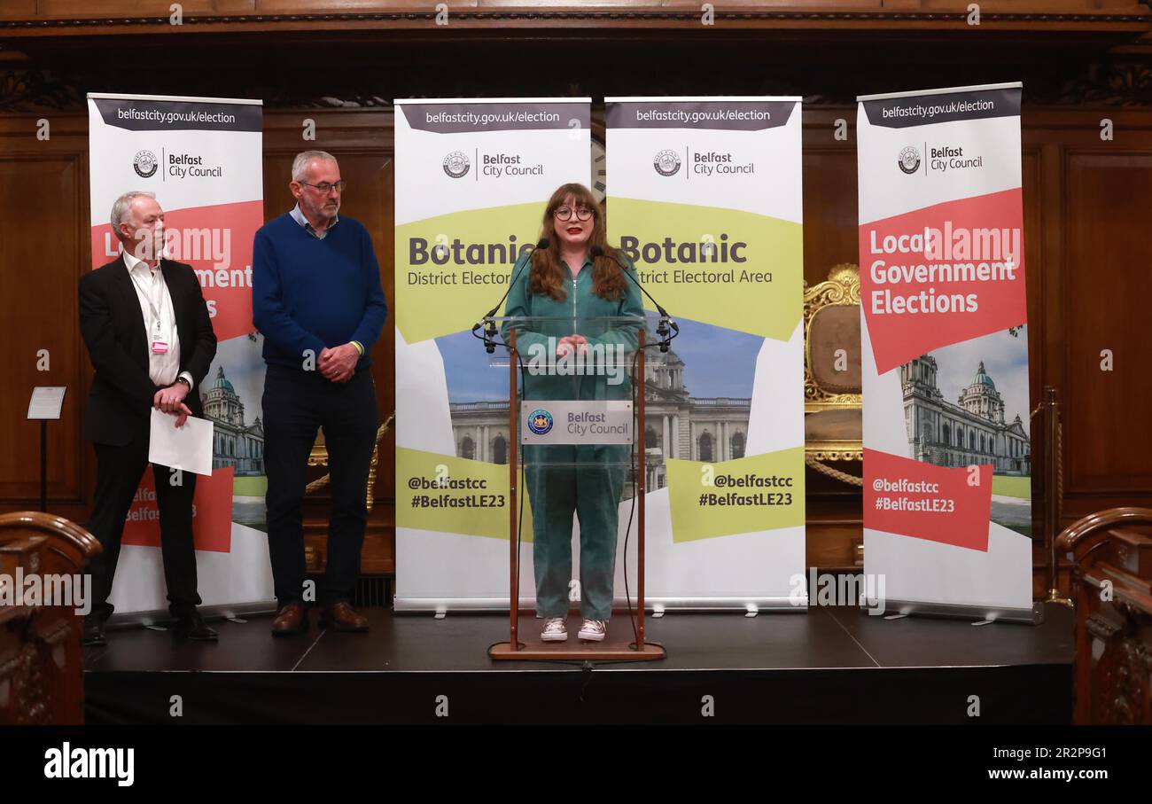 Aine Groogan from the Green Party at Belfast City Hall during the Northern Ireland council elections. Picture date: Saturday May 20, 2023. Stock Photo