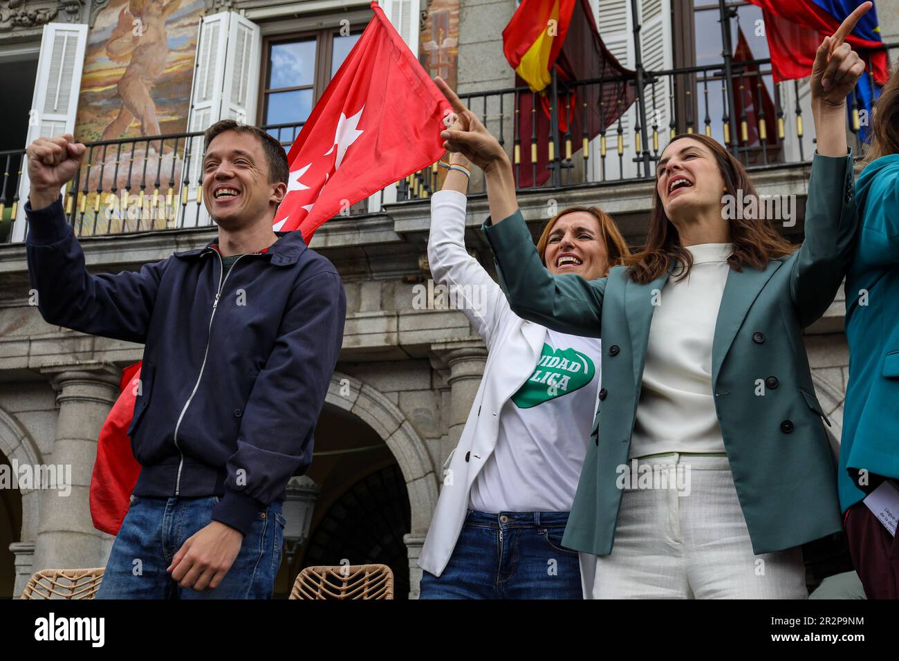 Monica Garcia (C), candidate for the presidency of the Community of Madrid in the elections on May 28, Rita Maestre (R), candidate for mayor of the Spanish capital for the Mas Madrid party (R) and Iñigo Errejón ( L) deputy of the Cortes for the Mas Pais party greet those present from the scene of the political act. The left-wing political party, Mas Madrid, held a rally in the Plaza Mayor in Madrid. At the rally, Mónica García, candidate for president of the Madrid community, presented her political program to her supporters. Among others, they have accompanied her, Iñigo Errejón deputy of the Stock Photo