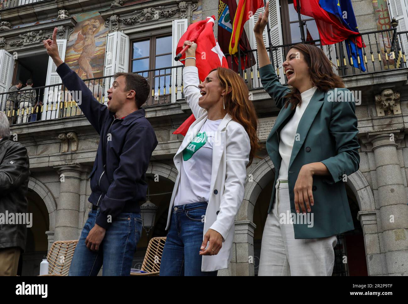 Monica Garcia (C), candidate for the presidency of the Community of Madrid in the elections on May 28, Rita Maestre (R), candidate for mayor of the Spanish capital for the Mas Madrid party (R) and Iñigo Errejón ( L) deputy of the Cortes for the Mas Pais party greet those present from the scene of the political act. The left-wing political party, Mas Madrid, held a rally in the Plaza Mayor in Madrid. At the rally, Mónica García, candidate for president of the Madrid community, presented her political program to her supporters. Among others, they have accompanied her, Iñigo Errejón deputy of the Stock Photo