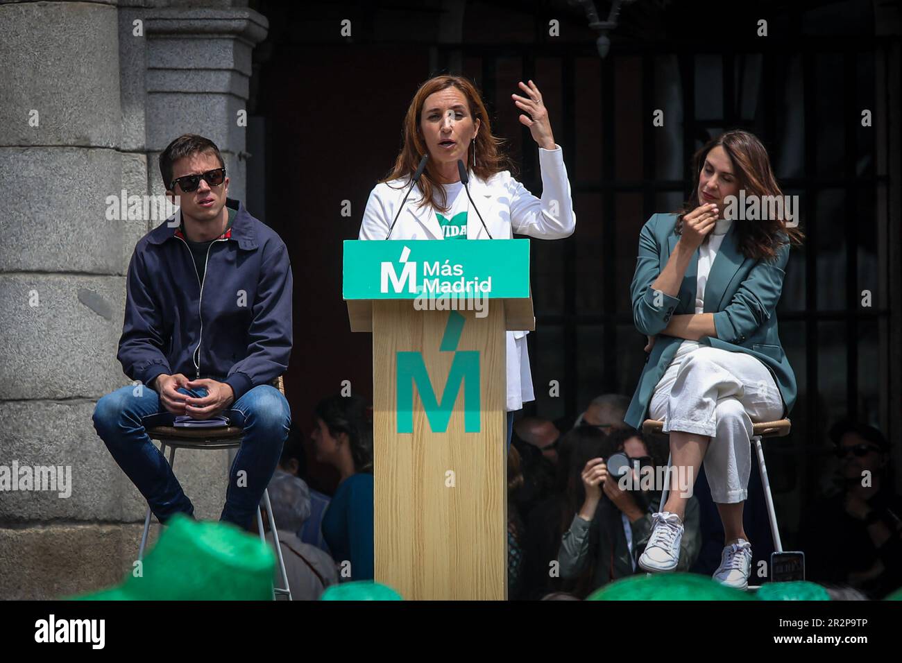 Monica Garcia (C), candidate for the presidency of the Community of Madrid in the elections to be held on May 28, addresses those present. She is accompanied by Rita Maestre, candidate for mayor of the Spanish capital for the Mas Madrid party (R) and Iñigo Errejón (L) deputy of the Cortes for the Mas Pais party. The left-wing political party, Mas Madrid, held a rally in the Plaza Mayor in Madrid. At the rally, Mónica García, candidate for president of the Madrid community, presented her political program to her supporters. Among others, they have accompanied her, Iñigo Errejón deputy of the Co Stock Photo