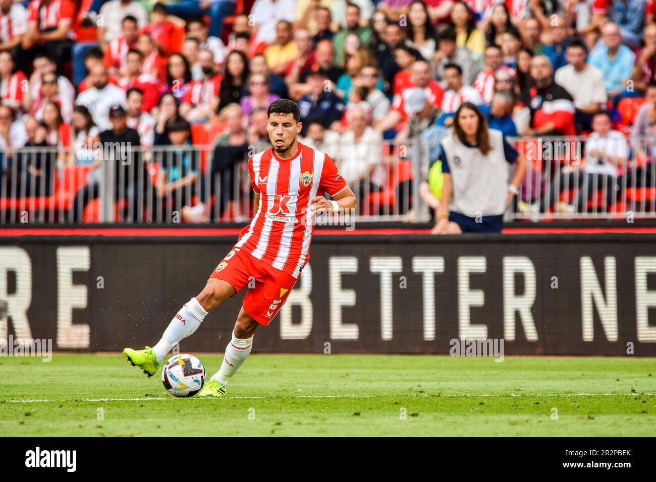 May 20, 2023: ALMERIA, SPAIN - MAY 20: Lucas Robertone of UD Almeria drive the ball during the match between UD Almeria and RCD Mallorca of La Liga Santander on May 20, 2023 at PowerHorse Stadium in Almeria, Spain. (Credit Image: © Samuel CarreÃ±O/PX Imagens via ZUMA Press Wire) EDITORIAL USAGE ONLY! Not for Commercial USAGE! Stock Photo