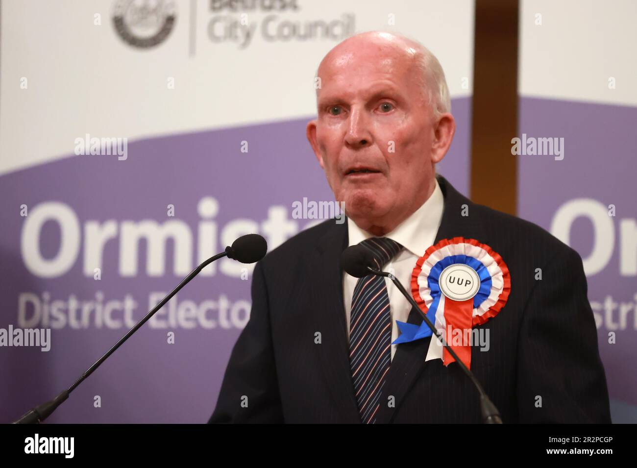 Jim Rodgers from the Ulster Unionist Party giving an acceptance speech at Belfast City Hall during the Northern Ireland council elections. Picture date: Saturday May 20, 2023. Stock Photo