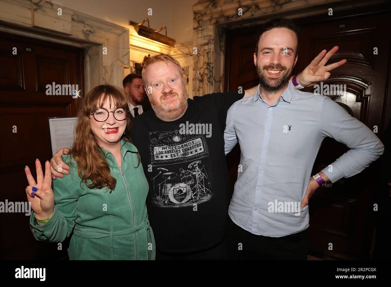 (left to right) Aine Groogan, Brian Smyth amd Anthony Flynn from the Green Party at Belfast City Hall during the Northern Ireland council elections. Picture date: Saturday May 20, 2023. Stock Photo