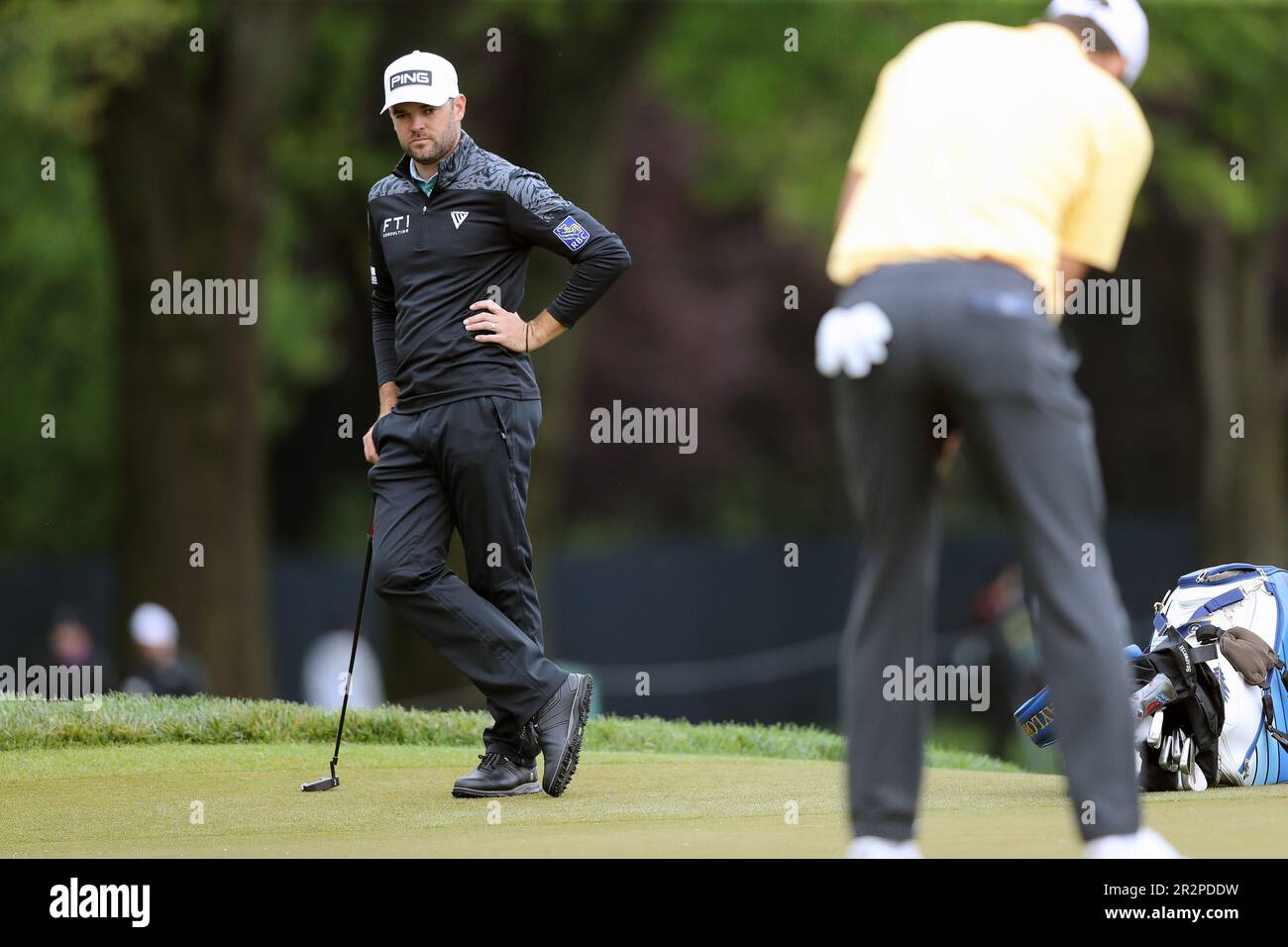 Rochester, USA. 20th May, 2023. Canada's Corey Conners watches Scottie Scheffler putt on the 8th hole during the third round of the 2023 PGA Championship at Oak Hill Country Club in Rochester, New York on Saturday, May 20, 2023. Photo by Aaron Josefczyk/UPI Credit: UPI/Alamy Live News Stock Photo