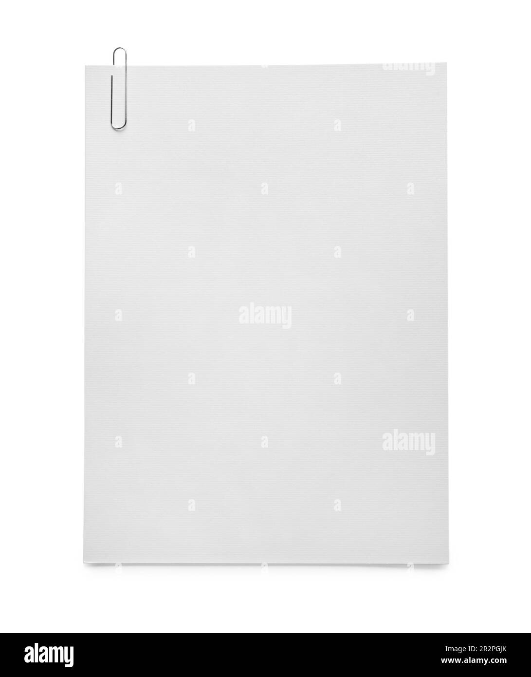 Blank sheets of paper with clip on white background, top view Stock