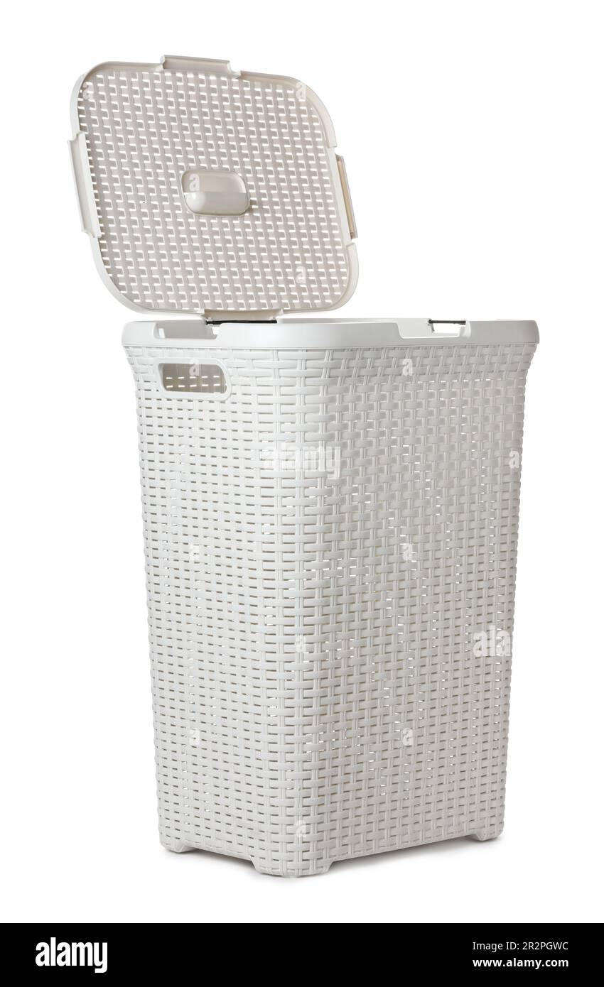One open empty laundry basket isolated on white Stock Photo Alamy