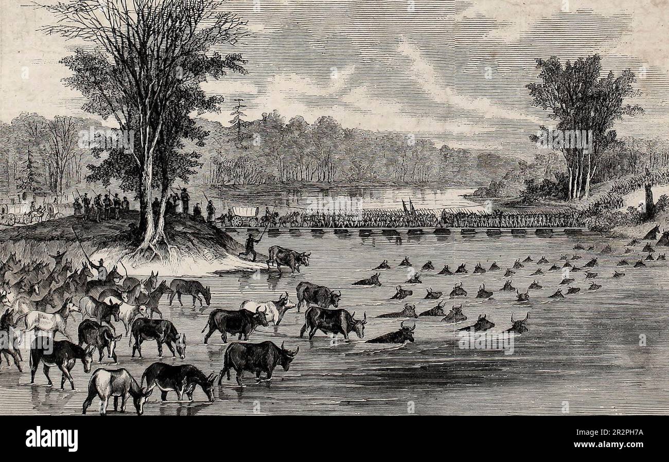 Sherman's Campaign - Union Army crossing the Coosa River, Alabama, on its return from the pursuit of the rebels under hood, 1864 Stock Photo