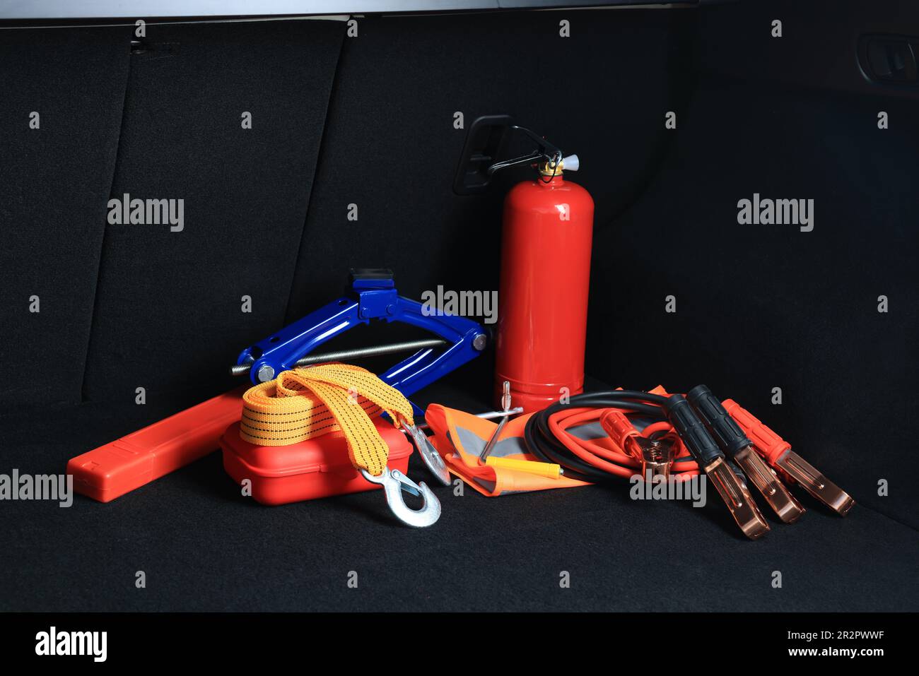 Set of car safety equipment in trunk Stock Photo Alamy