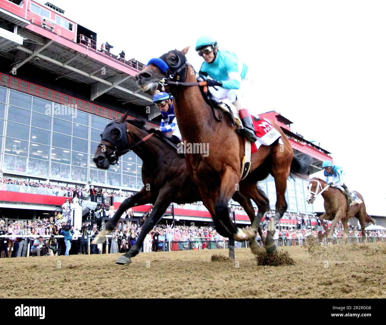 Baltimore, United States. 20th May, 2023. National Treasure (right) ridden by John Velazquez, passes Blazing Sevens, ridden by Irad Ortiz, Jr., to win the 148th running of the Preakness Stakes at Pimlico Race Course in Baltimore, Maryland. May 20, 2023. Photo by Mark Abraham/UPI Credit: UPI/Alamy Live News Stock Photo