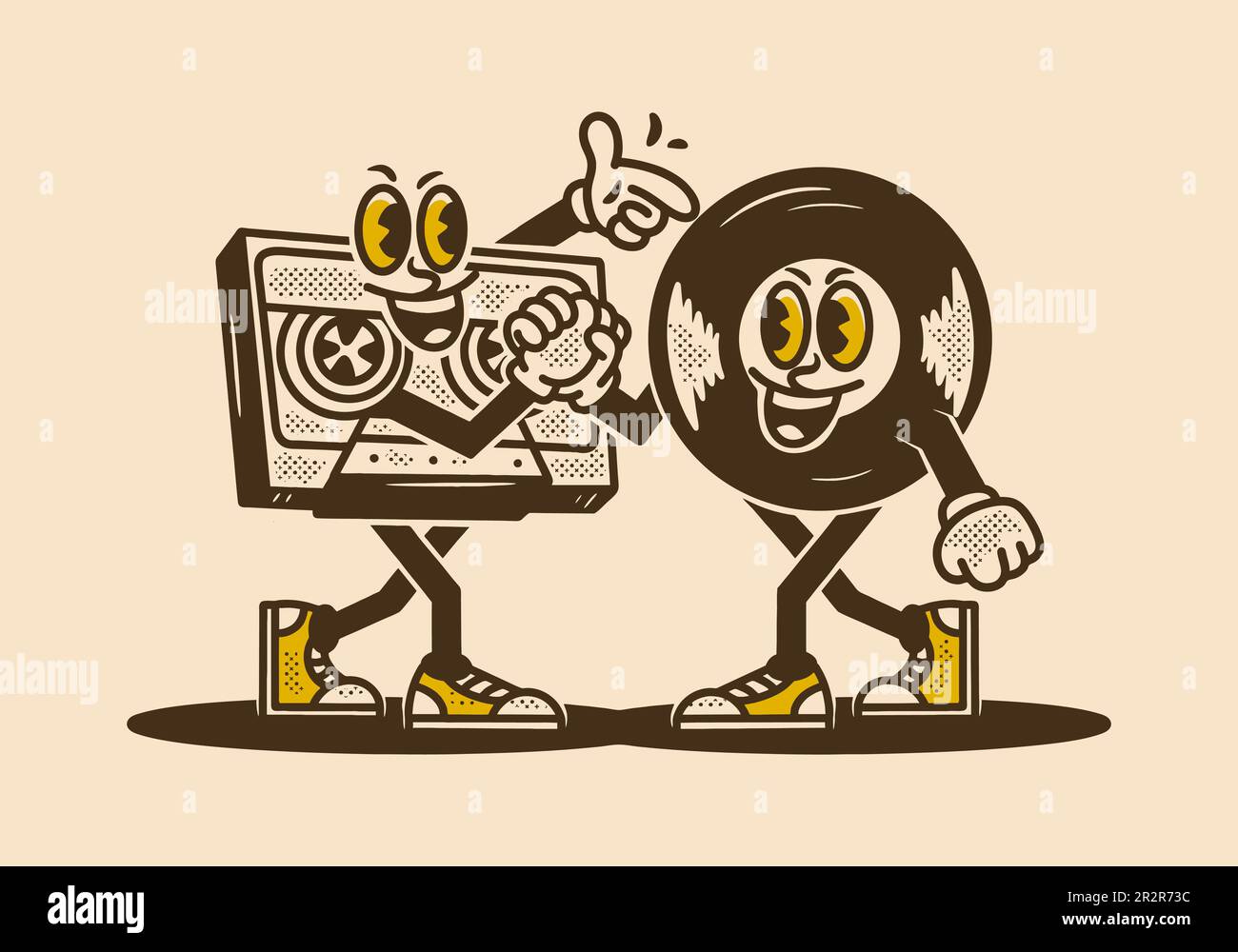 Vintage mascot character illustration of tape cassette and vinyls