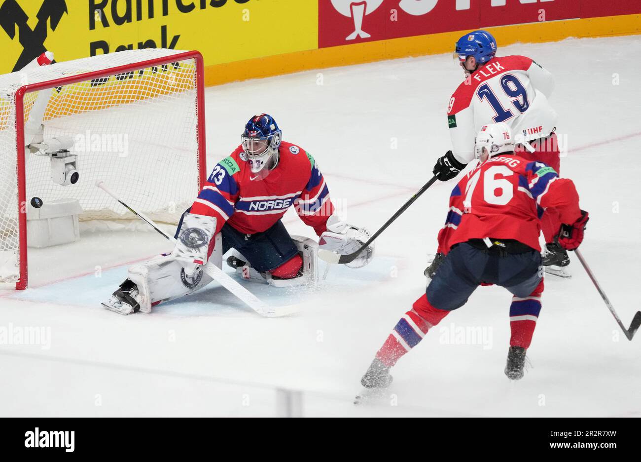 Riga, Latvia. 20th May, 2023. Czech Republic's forward Jakub Flek (R) scores during the Group B match between Norway and the Czech Republic at the 2023 IIHF Ice Hockey World Championship in Riga, Latvia, May 20, 2023. Credit: Edijs Palens/Xinhua/Alamy Live News Stock Photo