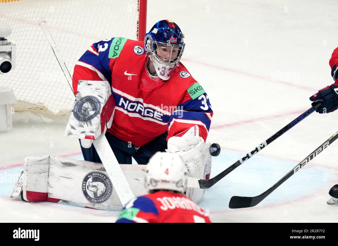 Riga, Latvia. 20th May, 2023. Norway's goalkeeper Henrik Haukeland tries to make a save during the Group B match between Norway and the Czech Republic at the 2023 IIHF Ice Hockey World Championship in Riga, Latvia, May 20, 2023. Credit: Edijs Palens/Xinhua/Alamy Live News Stock Photo