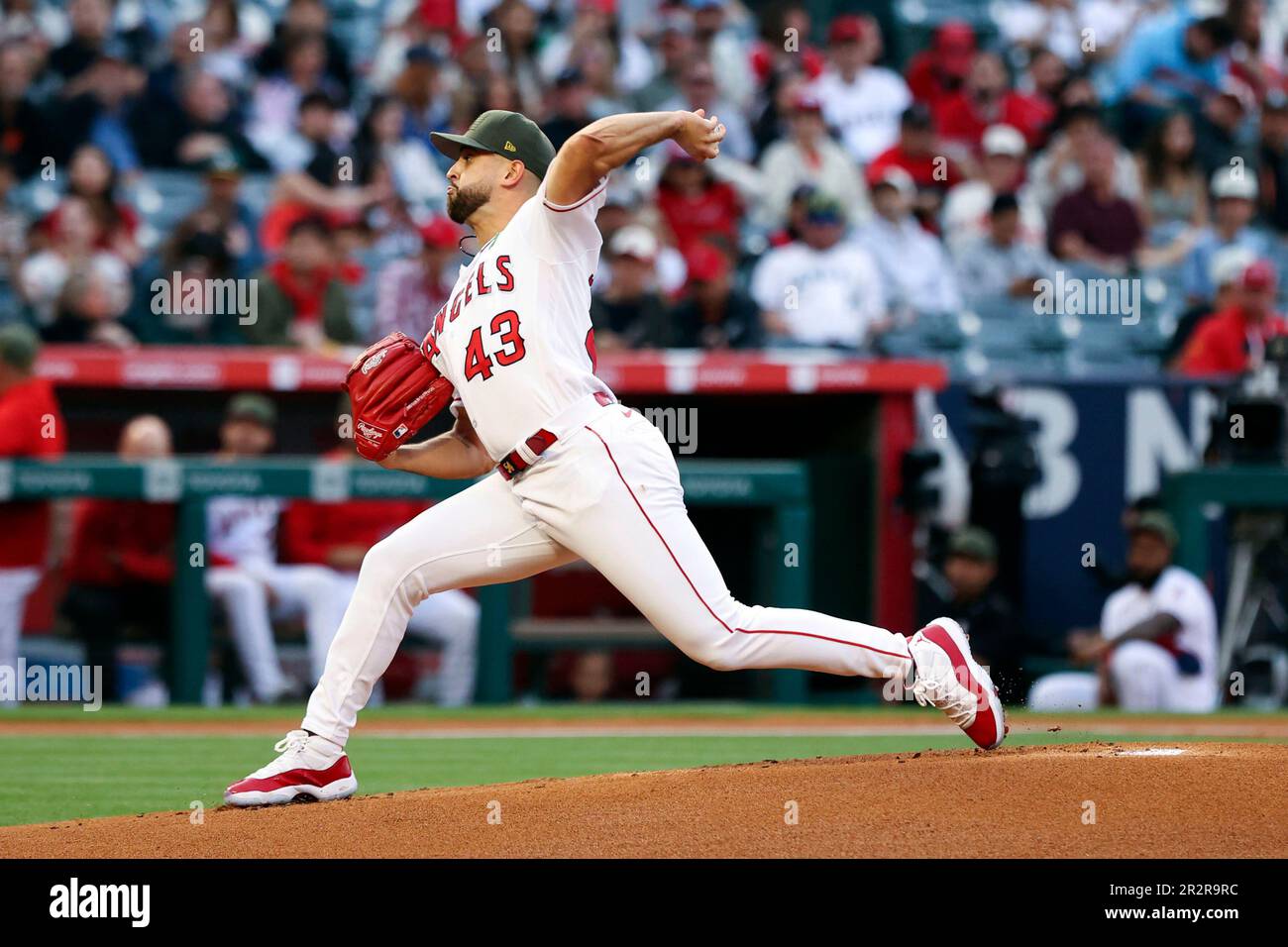 Los Angeles Angels starting pitcher Patrick Sandoval (43) throws to a