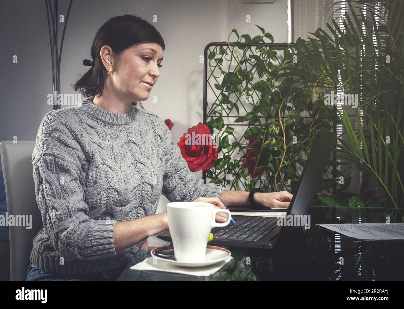 Atractiva y joven mujer de negocios, trabajando desde casa con ordenador portatil Stock Photo