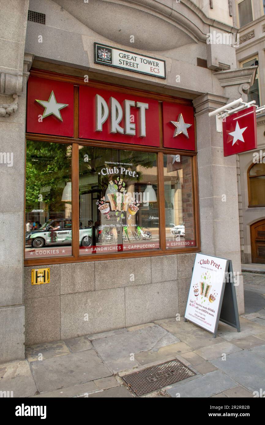 London, UK - May, 10, 2023 : Pret A Manger shop on Great Tower Street City in London. Stock Photo