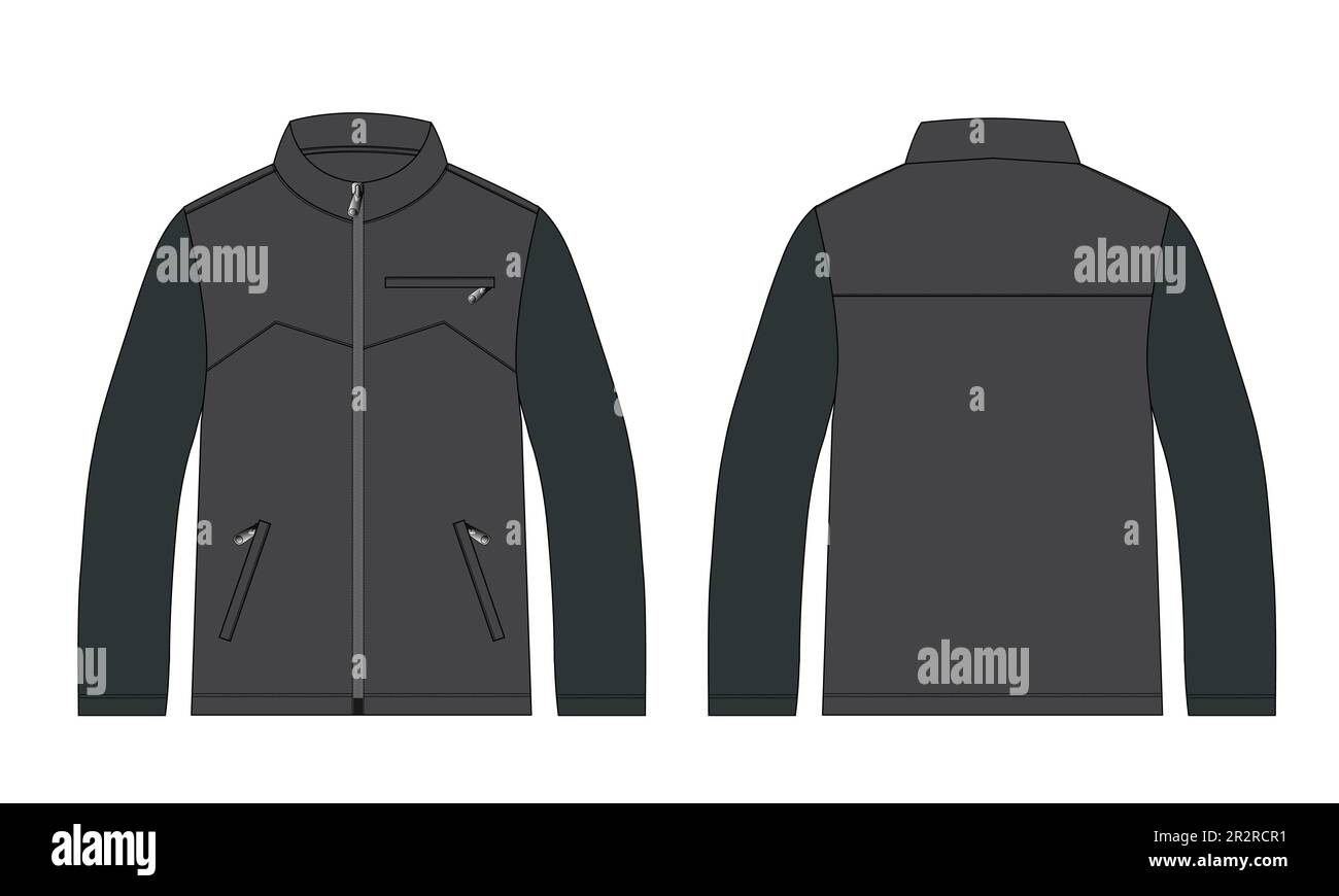 Long sleeve jacket with pocket and zipper technical fashion flat sketch vector illustration template front and back views. Fleece jersey sweatshirt Stock Vector