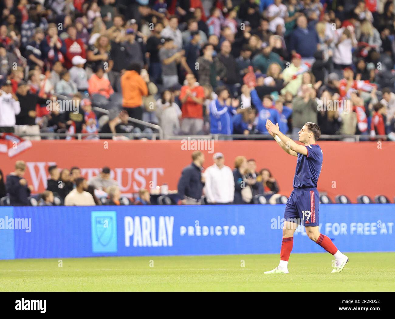 Chicago, USA, 20 May 2023. Major League Soccer (MLS) Chicago Fire FC's Georgios Koutsias (19) responds to the crowd after scoring his first ever MLS goal against Atlanta United FC at Soldier Field in Chicago, IL, USA. Credit: Tony Gadomski / All Sport Imaging / Alamy Live News Stock Photo