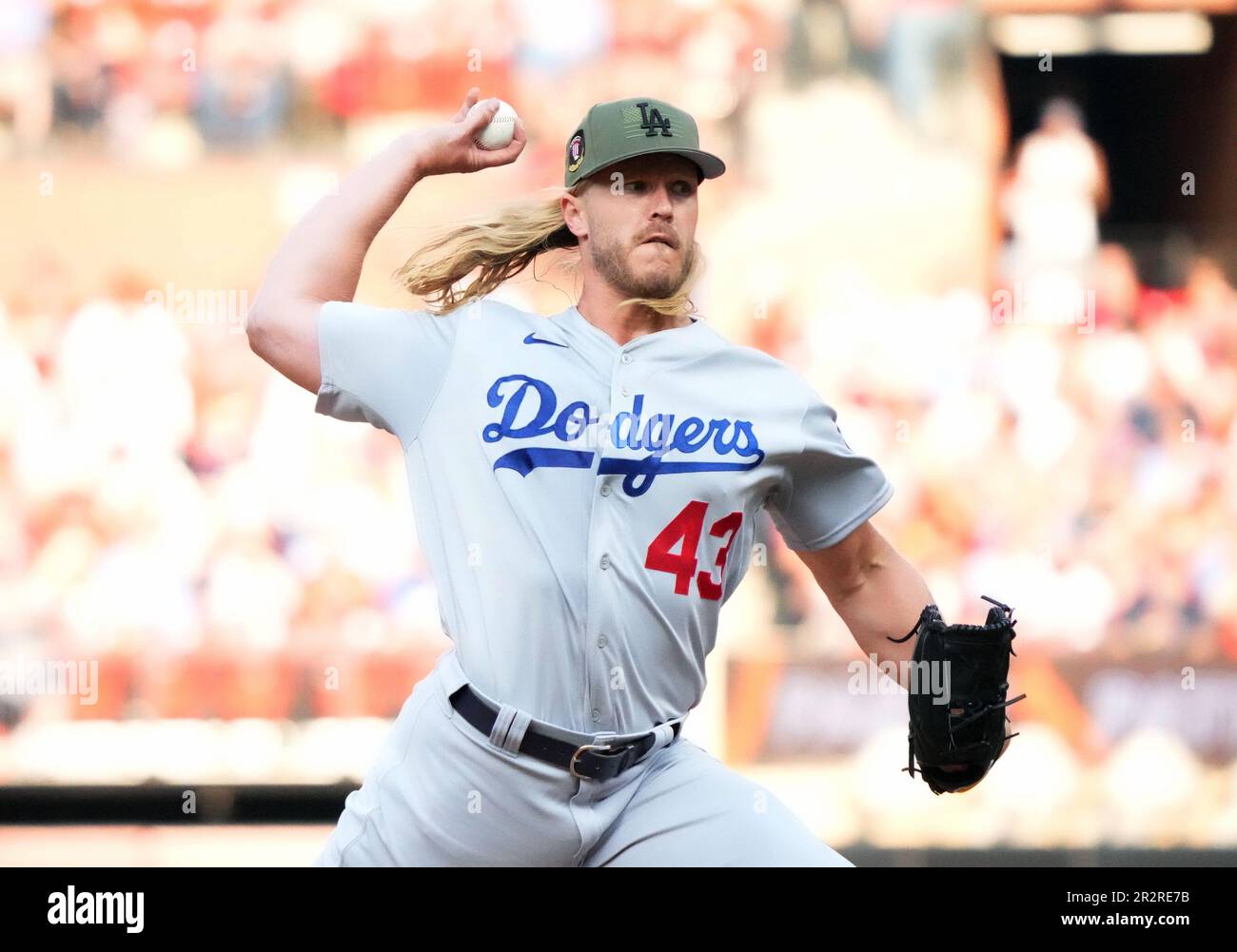 St. Louis, United States. 20th May, 2023. Los Angeles Dodgers starting  pitcher Noah Syndergaard delivers a pitch to the St. Louis Cardinals in the  first inning at Busch Stadium in St. Louis