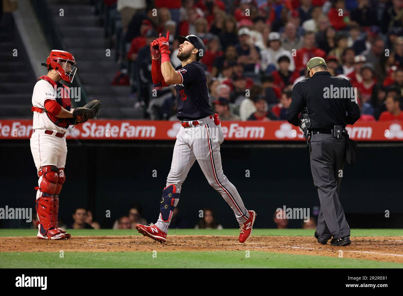 Minnesota Twins first baseman Joey Gallo (13) gestures after hitting a