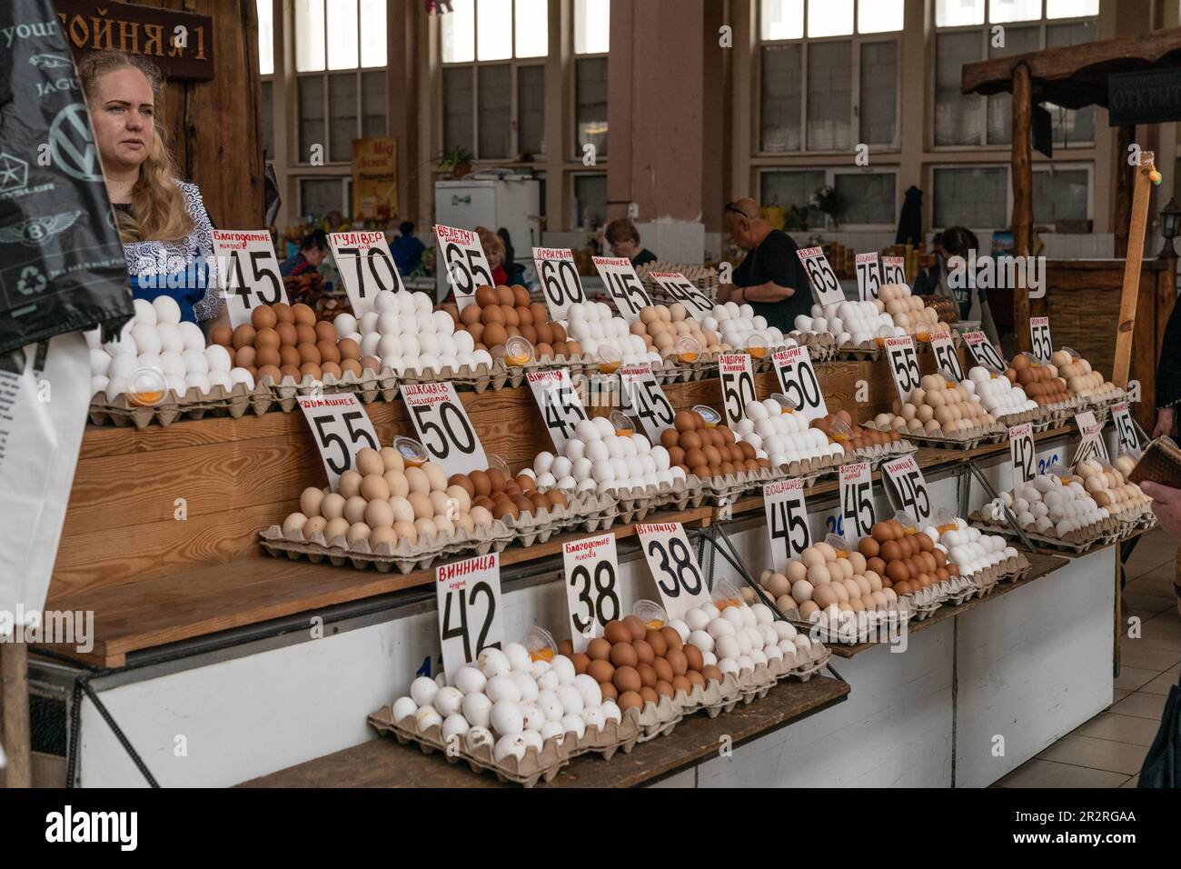 Vendor is selling eggs on famous farmer market Pryvoz established in 1827 in Odesa, Ukraine on May 20, 2023 Stock Photo