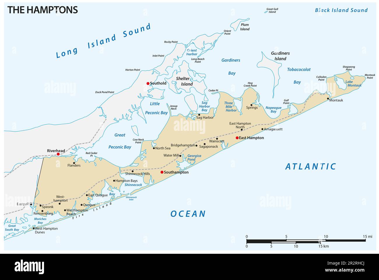 Vector map of The Hamptons region at the east end of Long Island, New York, United States Stock Photo